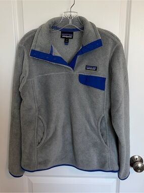 Patagonia Light Gray Fleece Pullover with Royal Blue Accents